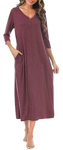 Leversic Women's Long Nightdress 3/4 Sleeve Cotton Long Nightgown Button V Neck Soft Nighties Loose Fit Women’s Dressing Gown With Pockets(Wine Red,XL)