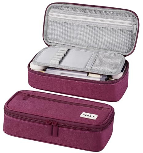 WEMATE Großes Federmäppchen, großes Fassungsvermögen, Federmäppchen, Schreibwaren, Stifttasche, Aufbewahrung, hohe Kapazität, Beutel, Organizer, Marker, Stifteetui für Damen und Herren, Lila Rot