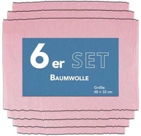 Como Platzmatte 6er Set rosa, Platzset aus Baumwolle, strapazierfähig, hitzebeständig, abwaschbar, rutschfest, Platzdeckchen 48x33 cm