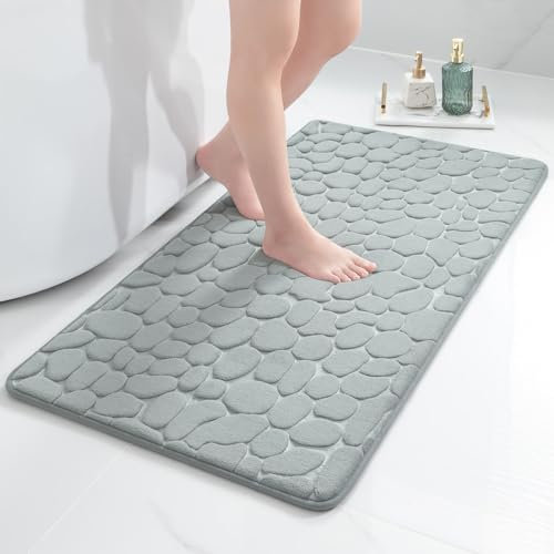 chakme Badematte Memoryschaum Badteppich Memory Foam Duschvorleger Saugfähige Badvorleger Badezimmerteppich Duschmatte Deko Fussmatte rutschfeste Matte für Badezimmer Wohnzimmer 60×120 cm, Hellgrau