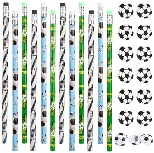 12 stück FußBall Bleistifte, Bleistifte HB aus Holz mit 12 Radiergummi und 2 Anspitzer, Graphitstift Neuheit Sport Partytütenfüller, Fussball Mitgebsel Bleistifte Set für Kinder Studenten Erwachsene