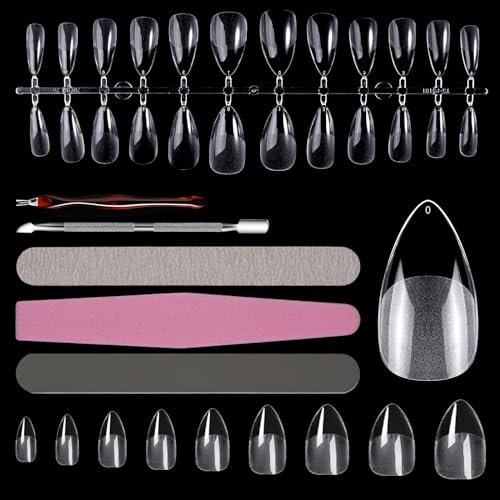 Clear Almond Gel Nail Tips - 240PCS Full Cover Acrylic Nail Soft Short Almond Gel Nail Extension Tips, 12 Sizes of Almond Gel x Nail Tips with Nail File,Cuticle Pusher and Fork for Nail Salon