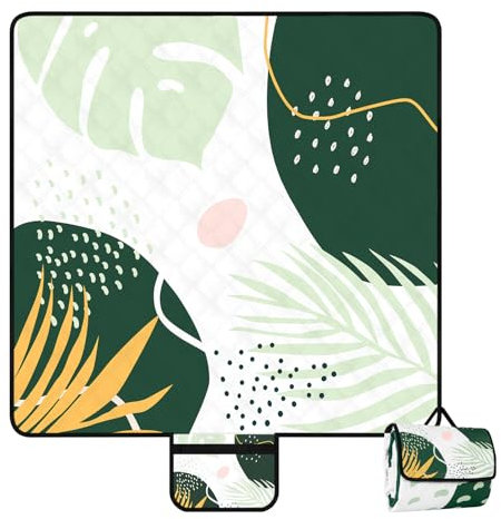 Jopee Picknickdecke Wasserdicht, 200x200 cm Waschbare Campingdecke mit Griff, Groß Outdoor Stranddecke für 4-6 Personen, Tragbar Isoliert Strandmatte für Camping, Wandern, Strandpark - Grün Blätter