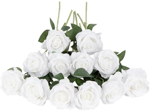 12 Stück Weiße Rosen Künstlich, Einzelne Langstielige Künstliche Rose, Realistische Kunstrosen Weiße für Hochzeitsdeko Brautsträuß Heiratsantrag Geburtstag Party Haus Garten Decor (Weiß)