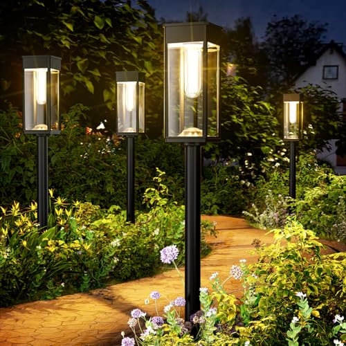 BITPOTT Solaires Jardin pour Extérieurs,4 Pièces Lampes de Chemin Solaires IP65 Étanche Solaire Eclairage Décoration Lampes Solaires Pour Jardin, Terrasse, Chemin, Pelouse(Blanc Chaud)