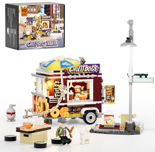 FUNWHOLE Remorque à Hot-Dog au Chili - Kit de Briques Lumineuses Camion de Restauration LED de Rue - 515 Pièces pour Adultes et Enfants