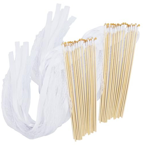 50 Stück Wedding Wands mit Glocke und Hochzeitsbändern Weiß Wedding Wands Hochzeit, Zauberstäbe Hochzeit Luftschlangen mit Holzstäbchen Glücksstäbe für Hochzeiten, Geburtstage, Feiertagsfeiern