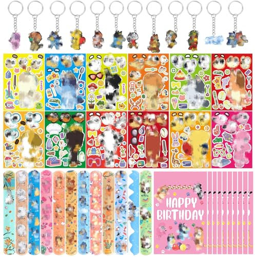 yumcute Party Mitgebsel Set,12 Dog DIY Aufkleber,12 Slap Armband,12 Schlüsselanhänger, 10 Geschenktüten, 46 Stück Geburtstagsdeko Party Geschenke Spielzeug für Kinder Mädchen Jungen