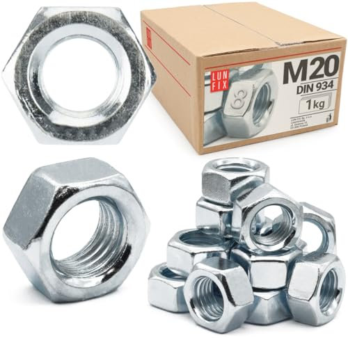 Tuerca hexagonal M20-1 kg (17 unidades aprox.) Resistencia 8 acero galvanizado, rosca DIN 934 tuercas para tornillos, tuerca métrica para pernos roscados, tuercas hexagonales para barras roscadas