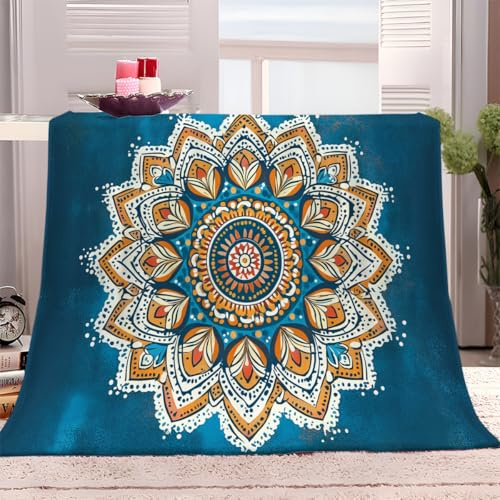 Generisch Fleecedecke 180x220 cm Mandala Ethnischer Druck Blau Kuscheldecke Überwurf Decke Weiche Sofadecke Bettdecke, Flauschig Weicher Überwurf Couchdecke für Reisen und Camping