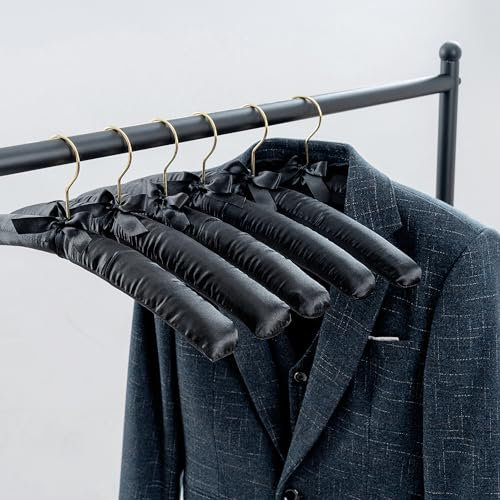 Cocomaya 5 Stück 43cm Schwarz Kleiderbügel aus Satin, Weiche Seide Aufhänger für T-Shirt Hemd Mantel Kleid Trägertop Brautkleid Pullover mit Drehbar Schön Funkeln Gold Haken (Schwarz/Gold Haken,5)