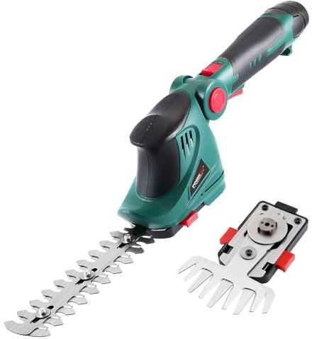 POSENPRO Tosaerba e Tagliasiepi a Batteria 12V, Cesoie e Tagliasiepi senza fili, 2 in 1 Tagliaerba con Manico girevole, Forbici da prato 10 cm, Tosasiepi da 18 cm, con 2,0Ah Batteria e Caricabatterie
