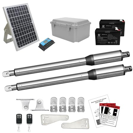 JUJIANG C01 Solar Gate Opener with Batteries & Solar Panel for Dual Swing Gates Up to 440lb 12FT per Arm Automatic Gate Opener with Remote Complete Kit Light Duty Automatic Gate Openers Solar Powered