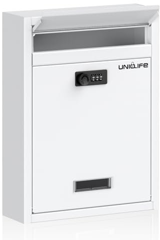 Uniclife Boîte aux lettres murale pour l'extérieur, grande boîte aux lettres verrouillable avec serrure à combinaison, boîte aux lettres de sécurité pour maison, bureau, école, blanc