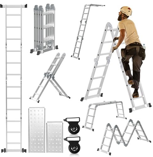 Jiubiaz Échelle multifonction 7 en 1 - 360 cm - 4 x 4 marches - En aluminium - Avec 2 plateformes et roues - Échelle pliante - 12 échelons - Charge maximale : 150 kg - Échelle articulée