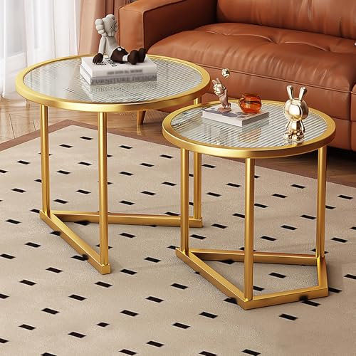 TRAGLO Tables d'appoint modernes en verre trempé, tables basses gigognes, lot de 2, petites tables d'appoint rondes avec structure en métal robuste, pour salon et chambre à coucher, montage facile(Or)