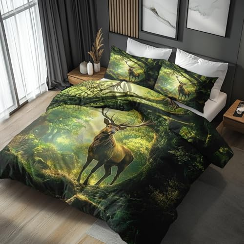 Generisch Hirsch Bettwäsche 135x200 2tlg, 1 Kissenbezüge 80x80 - Waldtiere Wald Grün Design Wendebettwäsche, Weiche Mikrofaser Bettbezug mit Reißverschluss, Deko & Geschenke - YXB164
