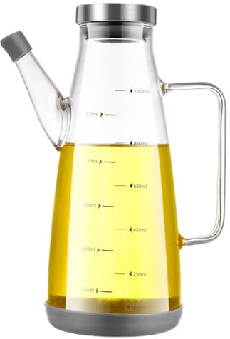 Eyccier Oil Dispenser Bottle, 1000ml Clear Glass Soy Sauce Dispenser with Handle & Scale, Oil Container Kitchen with Lid & Cork Base, Multi-Use Kitchen Supplies for Home, Dining Room.