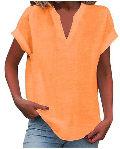 Leinenbluse Damen Elegante Lose Kurzarm Blusen Oversized T-Shirt Teenager Mädchen Freizeit Longbluse V-Ausschnitt Leinenhemd Große Größen,Safran,3XL