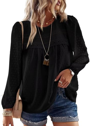 TUUHAW Top Femme Boho Col Rond Chemise Manches Longues Dentelle | Blouse Haut Chic et Élégant Chemise Automne, Tunique à Point Suisse, T-Shirts Mousseline Hauts Décontracté Loose
