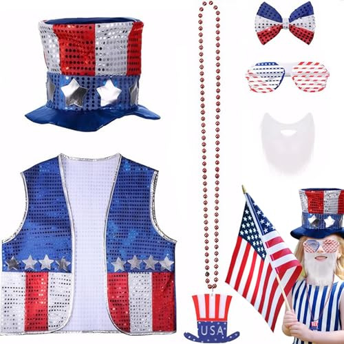 Odoukey Conjunto de 6 trajes del 4 de julio, disfraz de bandera patriótica americana con sombrero, chaleco, gafas de sol, collares, pajarita
