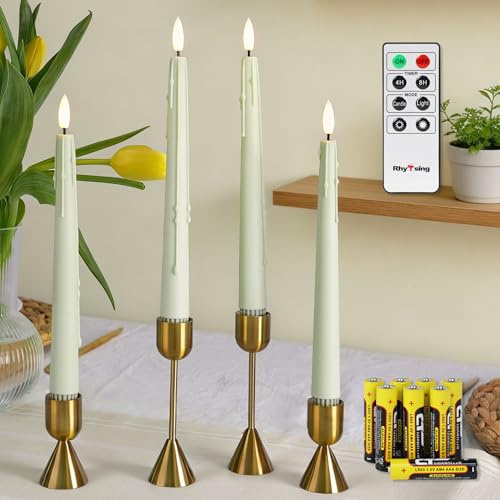Rhytsing 4er LED Stabkerzen Salbeigrün mit Fernbedienung H 24,5 cm, batteriebetriebene Tafelkerzen Wachstropf-Design mit Timer, 8 Batterien im Lieferumfang enthalten