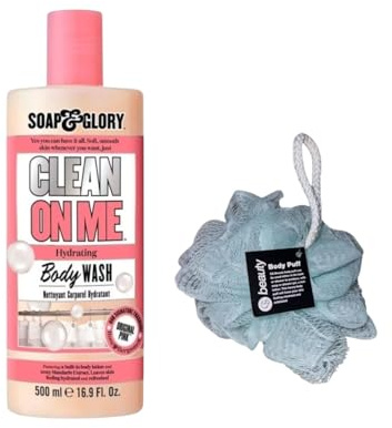 Soap Glory Clean On Me Hydrating Body Wash,Original Pink Rose And Bergamot Fragrance 500ML, With Free Beauty Body Puff (Any Colour)