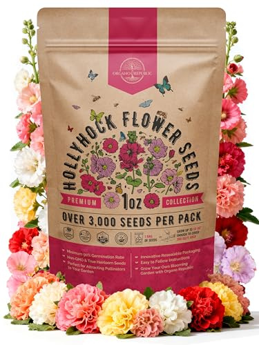 Hollyhock Flower Seeds Pack 1 oz - Over 3,000 Non-GMO Heirloom Hollyhock Seeds for Planting Indoor & Outdoor Gardening, Flower Seed for Home and Garden in Individual Packet, Floral Perennial Mix