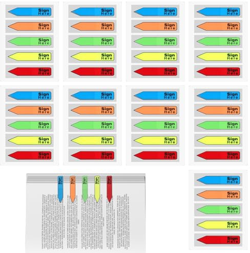 10 Pcs 1000 Sheets Sticky Note Tab, Sign Here Tabs, Sign Here Stickers, Date Stickers Flags, Adhesive Labels, Signature Markers Tape Flags for Documents, Notebooks, Annotating Books (5 Colors)