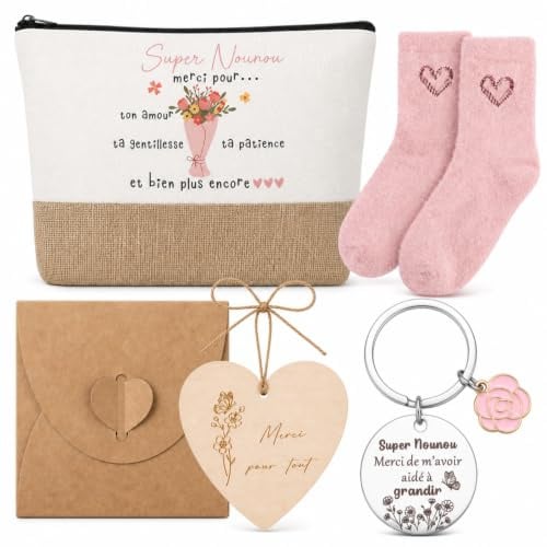 Xuniea Cadeau pour Nounou 6 Pièces Trousse Maquillage Porte-Clés Merci | Cadeau de Remerciement, Super Nounou, Chaussette, Étiquette Volante, Enveloppe, Fin de Contrat, Anniversaire