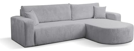 VENASI MÖBEL Ecksofa Tokio, Eckcouch in L-Form mit Schlaffunktion und Bettkasten, Farbe: Grau, Cordstoff, Ottomane Universal