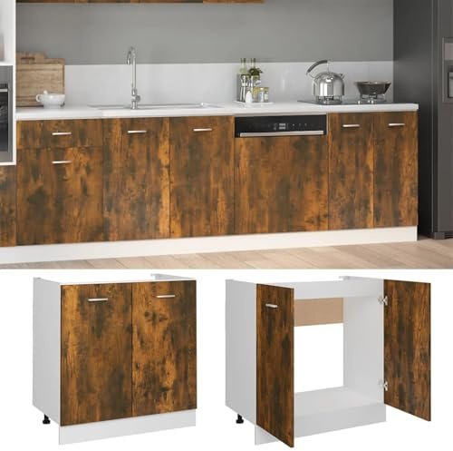 ATOMSTACK MAKER Spülenunterschrank 80 cm Breite – Räuchereiche Holzwerkstoff Küchenunterschrank mit 2 Türen, 80x46x81,5 cm, Serie Lyon, für Spüle & Stauraum