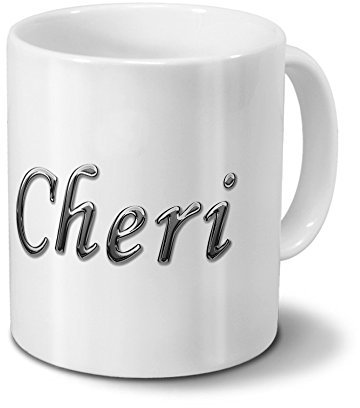 printplanet Tasse mit Namen Cheri - Motiv Chrom-Schriftzug - Namenstasse, Kaffeebecher, Mug, Becher, Kaffeetasse - Farbe Weiß