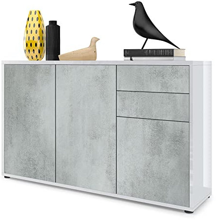 Vladon Sideboard Ben V3, Kommode mit 3 Türen und 2 Schubladen, Weiß Hochglanz/Beton Oxid-Optik (117 x 74 x 36 cm)