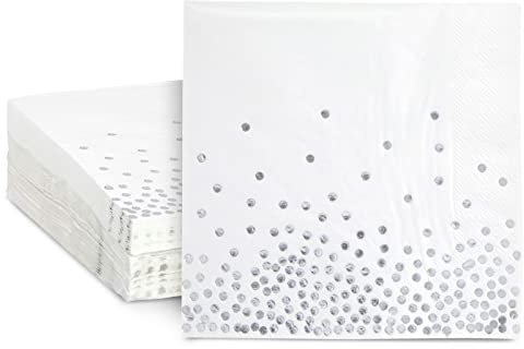 Serviettes de cocktail jetables en papier 3 épaisseurs motif à pois, Argenté., 6.5 Inches, 50-Pack