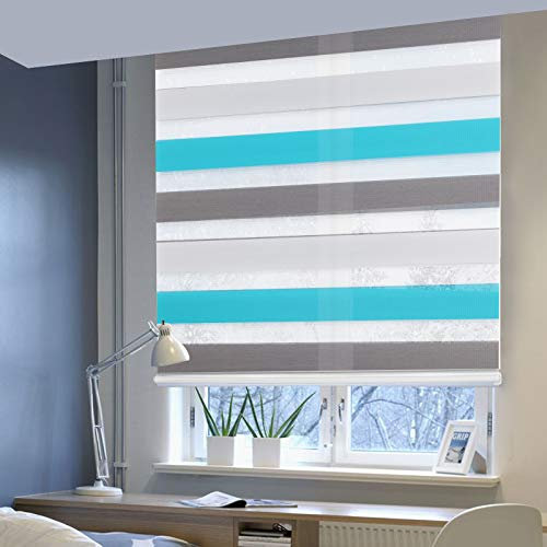Doppelrollo ohne Bohren Klemmfix, Duo Rollo Seitenzugrollo mit Klämmträgern, Sicht und Sonnenschutz für Fenster Tür Wand, lichtdurchlässig u. Verdunkelnd (Weiß+Grau+Türkis, 75 x 150 cm)