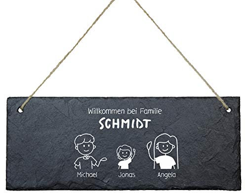 Geschenke 24 Schiefertafel Willkommen im Comic Stil (3 Figuren) - Türschild Familie Eingangstür Haustür - Schiefertafel mit Gravur - Schieferplatte personalisiert, Wanddeko