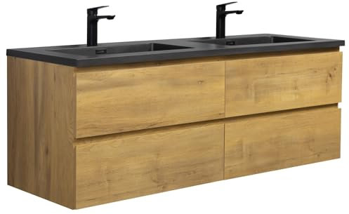 Badezimmer Badmöbel Set Angela 140 cm - Schwarzes Waschbecken - Eiche - Unterschrank Schrank Waschbecken Waschtisch