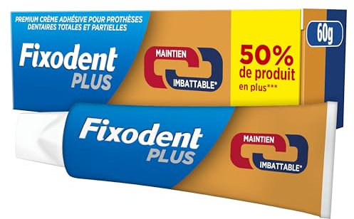 Fixodent Plus Duo Protection Crème Adhésive Premium, Pour Prothèses Dentaires, Technologie Antibactérienne, Menthe, 60 g