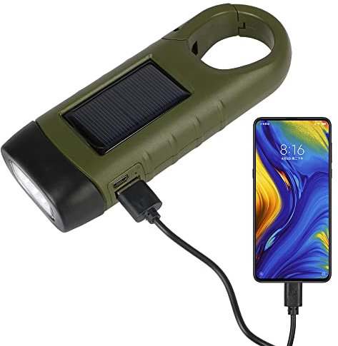DIYWORK Manivelle rechargeable lampe de poche solaire LED lampe de poche dynamo, lampe de poche extérieure, lampe de camping portable, avec mousqueton à suspendre (avec fonction de chargement USB)