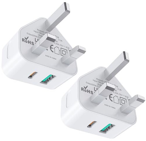2 Pack USB C Plug Fast Charge,20W USB Type C and USB Wall Charging Plug Adapter UK for iPhone 14/14 Pro/14 Pro Max/13/13 Pro/13 Pro Max/12/11/10/8/7
