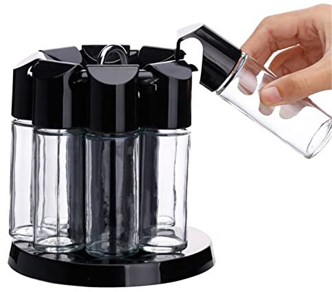 Ailovone Gewürzgläser Gewürzregal Mit 8 Gewürzgläser 360° Gewürzkarussell Drehbar Set, Transparent Tragbar Rotationsküchen Gewürzständer Für Küchenschrank Gewürze Zur Aufbewahrung (Schwarz)