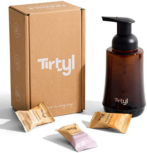 Tirtyl Handseife Einzelset – Schaumspender aus bernsteinfarbenem Glas + 3 Nachfülltabletten (insgesamt 750 ml – 3 x 250 ml) – NEUE Formel – Kompostierbare Verpackung – Verschiedene Düfte