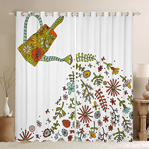 Blumen Skizze Malerei Vorhang für Schlafzimmer, Aquarell Floral Wasserkocher Druck Fenster Vorhang für Mädchen Teens, weiße Frühlingsblätter Pflanze Dekor Mikrofaser Fenster Behandlung, XL Größe