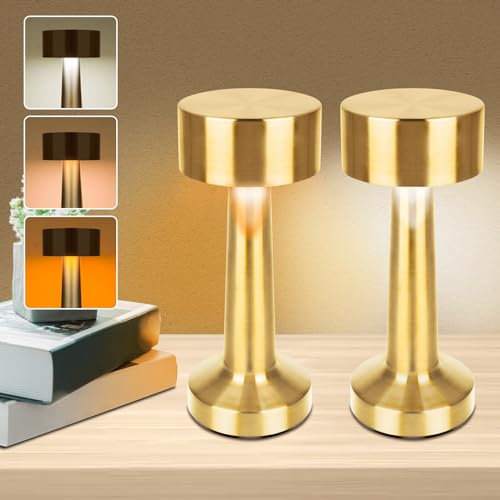 CJBIN 2 Stück Tischlampe Gold, Touch Dimmbar Nachttischlampe Gold, USB Aufladbar Tischlampe Kabellos Gold, Led Kabellose Tischlampe für Schlafzimmer Wohnzimmer Restaurant Bar Dekor, 3-stufige Dimmung