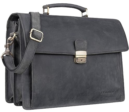 STILORD 'Noel' Cartable Cuir Homme et Femme - Porte-Documents Vintage - Sac de Travail et d'affaires pour Ordinateur 13,3 Pouces, Couleur:Carbon - Gris