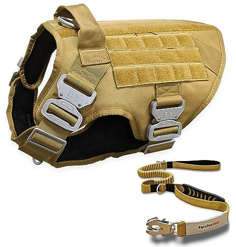 Pets ProMax Taktisches Hundegeschirr mit taktischer Hundeleine (2-in-1-Bundle); Militär-Stil, taktische Hundeweste, Geschirre, Metallschnalle und Bungee-Hundeleine mit Autositz-Schnalle, Braun, Größe