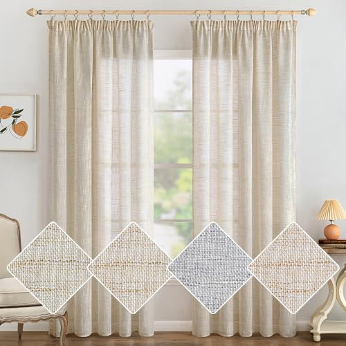 MIULEE Leinen Gardinen Vorhänge mit Kräuselband Wohnzimmer Gardine Vorhang Leinenoptik kräuselband Modern Voile Schienensystem Schlafzimmer 2er Set Bräunlich Weiß 140x215 cm