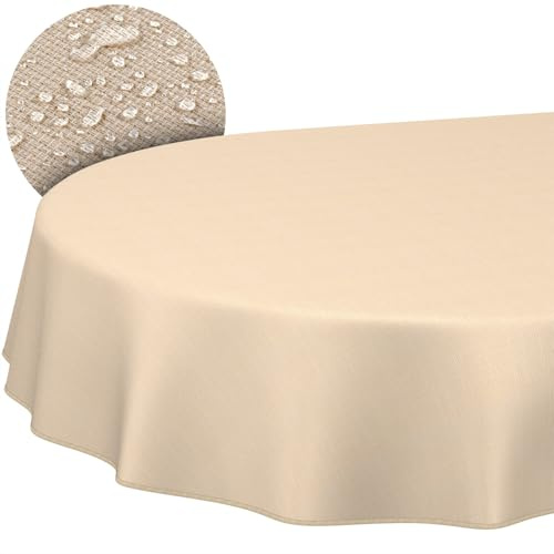 ANRO Tischdecke abwaschbar Damast Beige mit Saum oval 260x140 cm | mit Saum eingefasst – waschbar bei 30 °C – ideal für Garten, Terrasse & Esszimmer – Gartentischdecke wetterfest