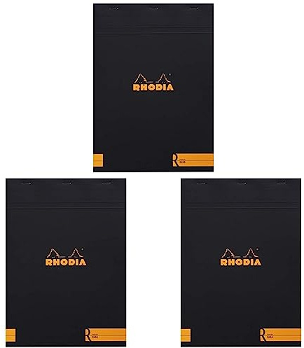 Rhodia 182012C - Stapled Notepad Le R No. 18 Black - A4 - Lined - 70 Detachable Sheets - Ivory Clairefontaine Paper 90 g/m - Velvety Touch Cover - Basics (Pack of 3)
